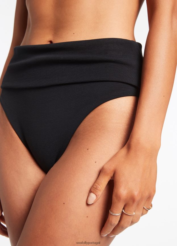 Biquíni isla rib dobrável cintura alta mulheres preto Seafolly trajes de banho 4H088V334