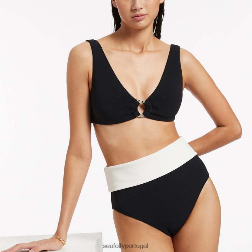 Cueca de biquíni com cintura alta dobrada com costela versa mulheres preto/creme Seafolly trajes de banho 4H088V353