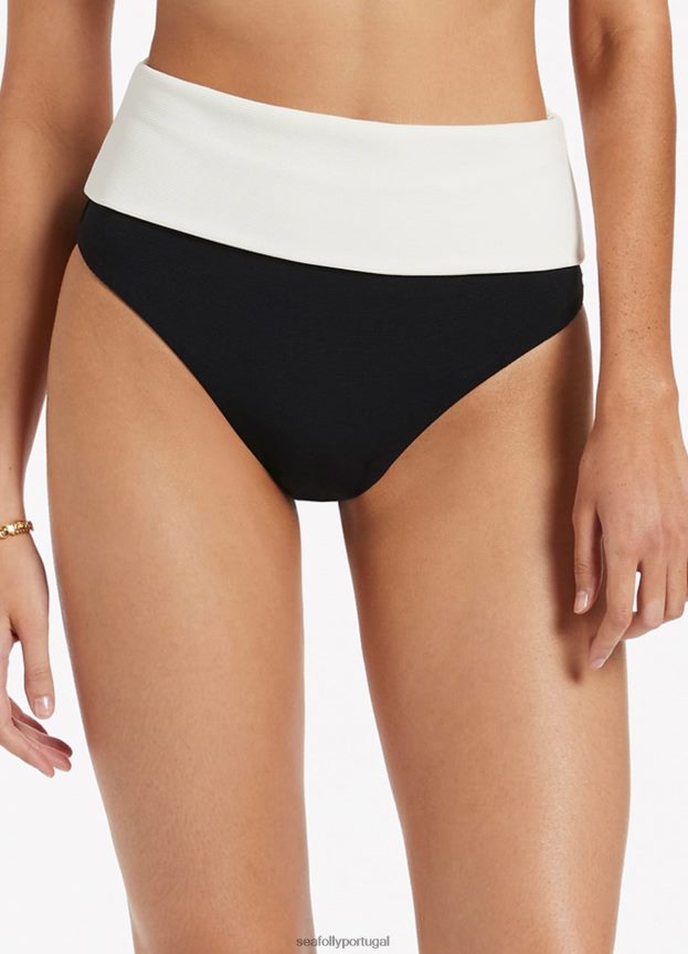 Cueca de biquíni com cintura alta dobrada com costela versa mulheres preto/creme Seafolly trajes de banho 4H088V353
