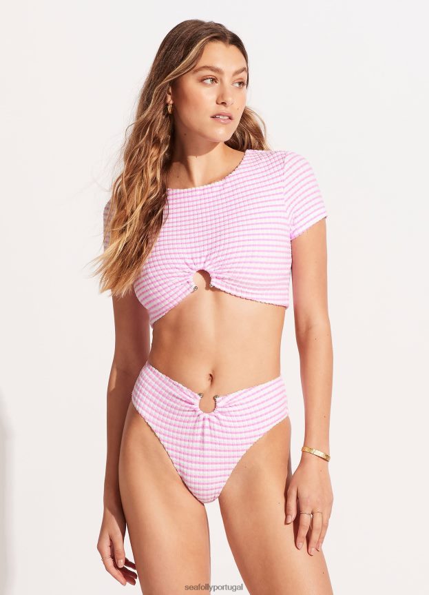 calcinha de biquíni listrada de cintura alta Sorrento mulheres parfait rosa Seafolly trajes de banho 4H088V538