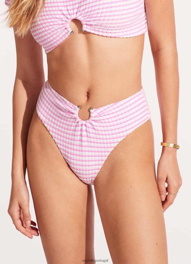calcinha de biquíni listrada de cintura alta Sorrento mulheres parfait rosa Seafolly trajes de banho 4H088V538