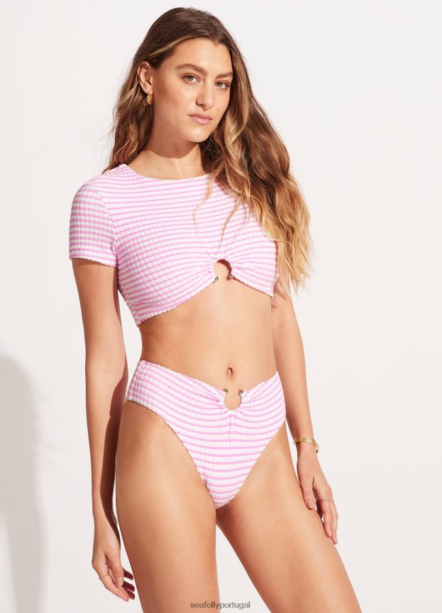 calcinha de biquíni listrada de cintura alta Sorrento mulheres parfait rosa Seafolly trajes de banho 4H088V538