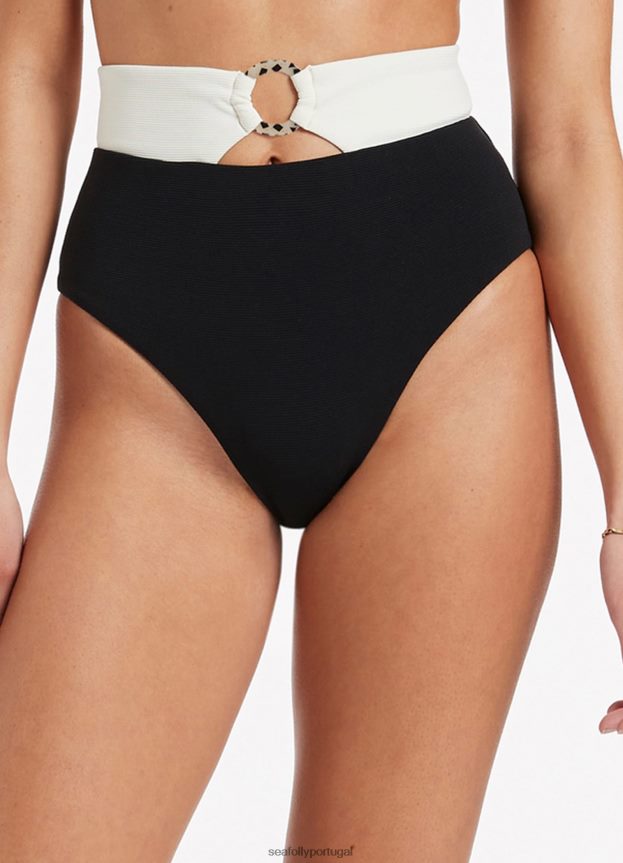 parte de baixo do biquíni cintura alta versa rib mulheres preto/creme Seafolly trajes de banho 4H088V467