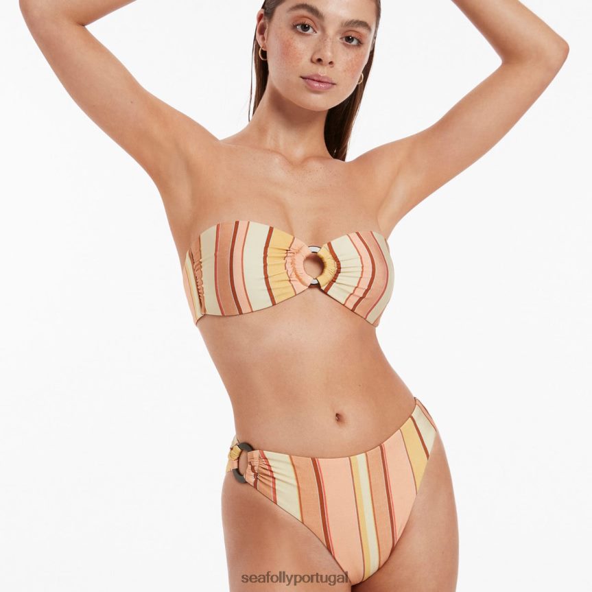 parte de baixo do biquíni com listras de perna alta e acabamento fira mulheres calêndula Seafolly trajes de banho 4H088V451