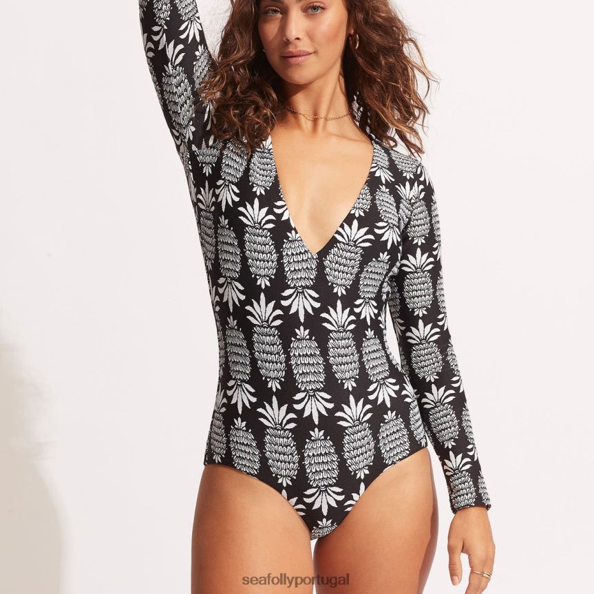 fato de surf corsica com decote em V e manga comprida mulheres preto Seafolly trajes de banho 4H088V124
