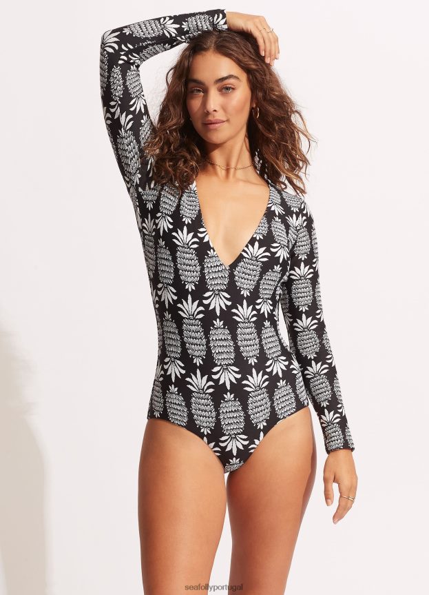fato de surf corsica com decote em V e manga comprida mulheres preto Seafolly trajes de banho 4H088V124