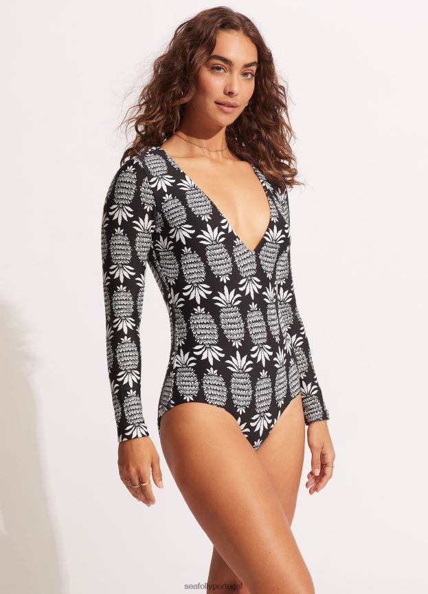 fato de surf corsica com decote em V e manga comprida mulheres preto Seafolly trajes de banho 4H088V124