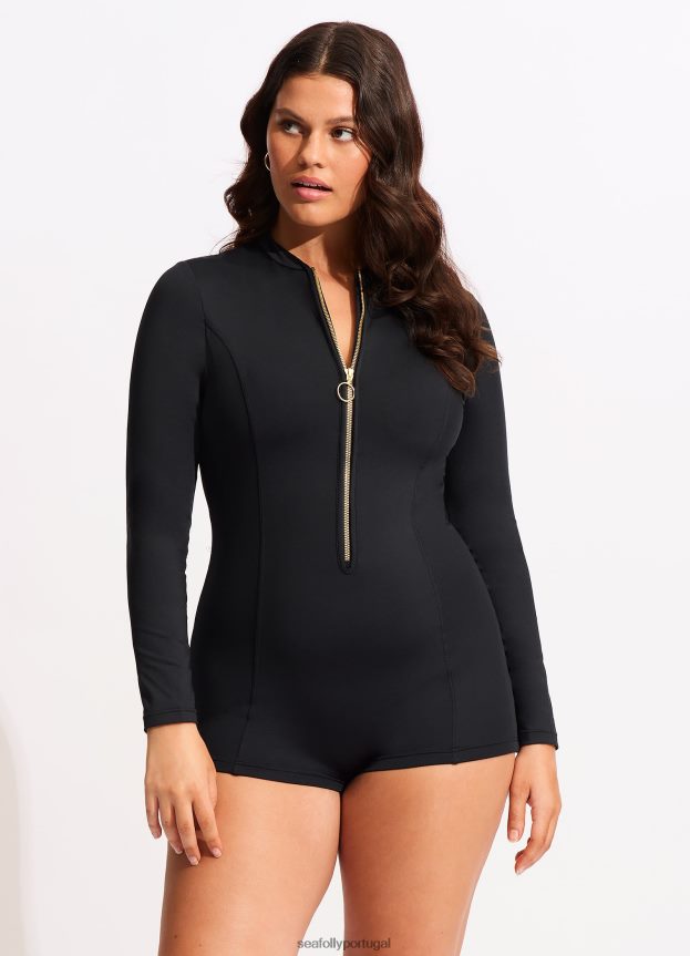 macacão coletivo boyleg com zíper frontal mulheres preto Seafolly trajes de banho 4H088V36
