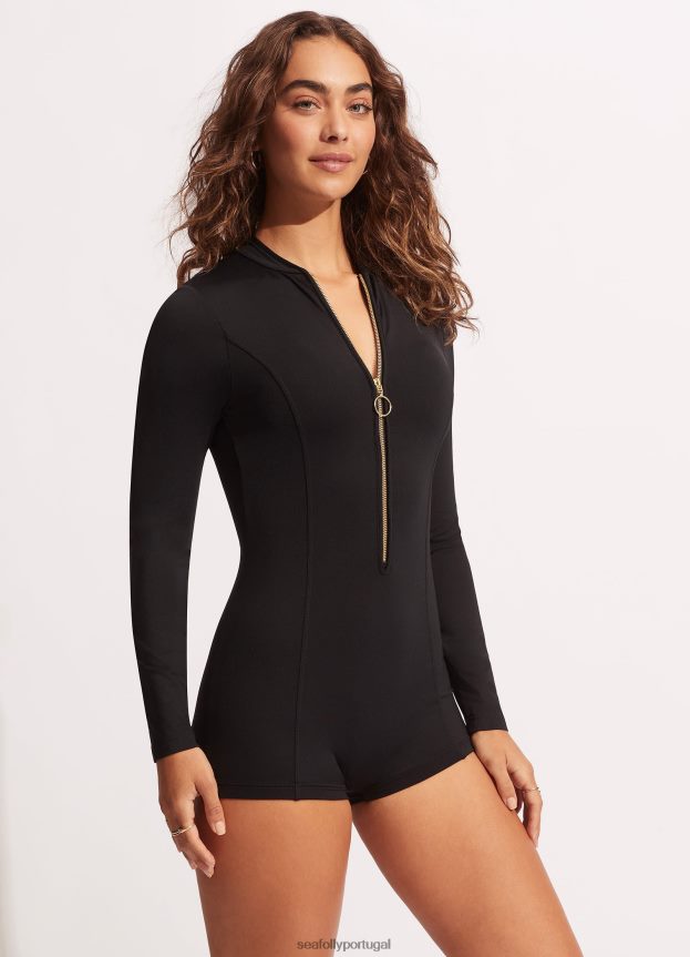 macacão coletivo boyleg com zíper frontal mulheres preto Seafolly trajes de banho 4H088V36