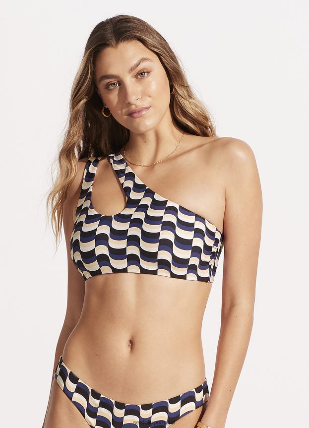 Top de biquíni bralette moderno com corte de um ombro só mulheres preto Seafolly trajes de banho 4H088V457