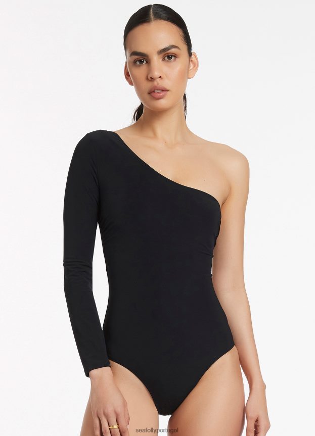 jetset um ombro manga longa uma peça mulheres preto Seafolly trajes de banho 4H088V131