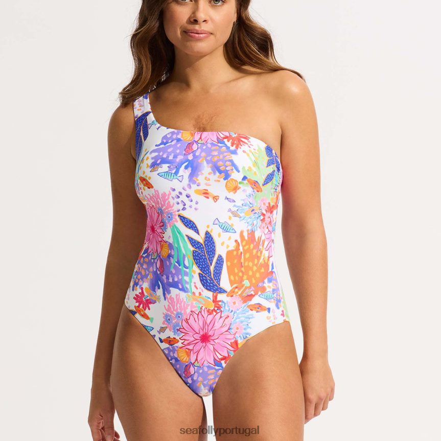 sob o mar um ombro uma peça mulheres branco Seafolly trajes de banho 4H088V45