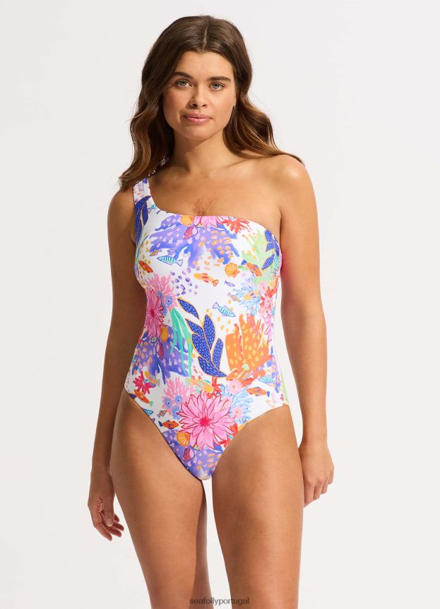 sob o mar um ombro uma peça mulheres branco Seafolly trajes de banho 4H088V45