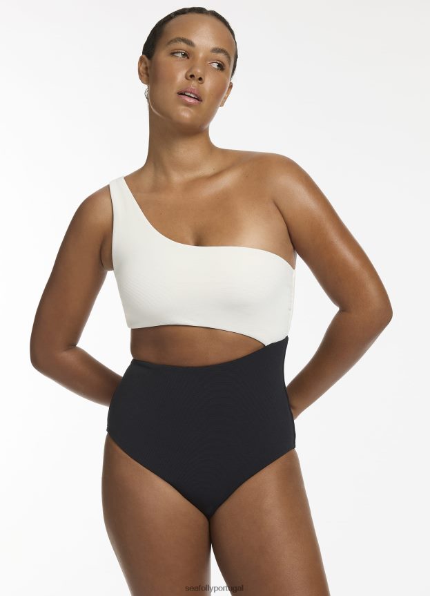 versa costela um ombro uma peça mulheres preto/creme Seafolly trajes de banho 4H088V49