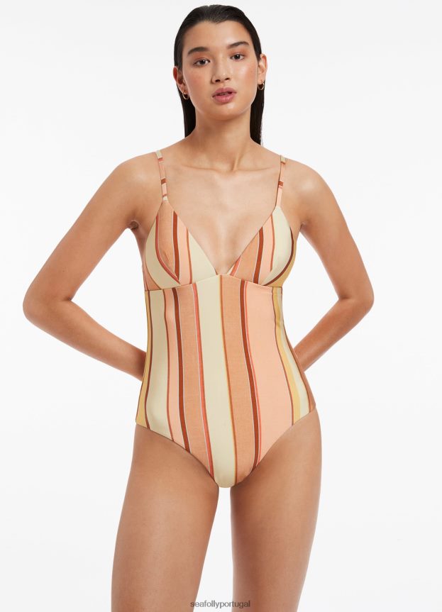 fira listra decote em v peça única mulheres calêndula Seafolly trajes de banho 4H088V136