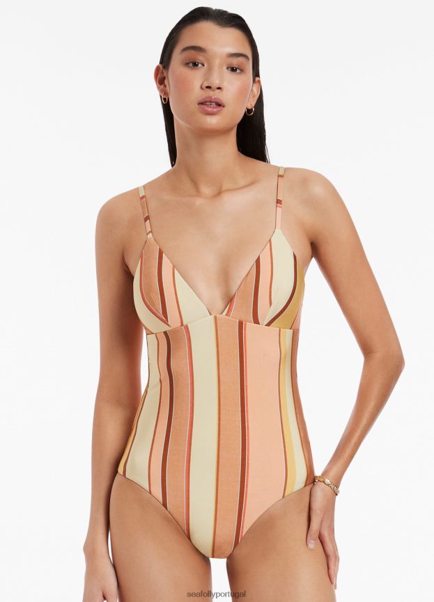 fira listra decote em v peça única mulheres calêndula Seafolly trajes de banho 4H088V136
