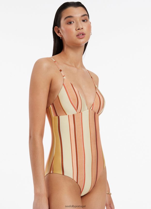 fira listra decote em v peça única mulheres calêndula Seafolly trajes de banho 4H088V136