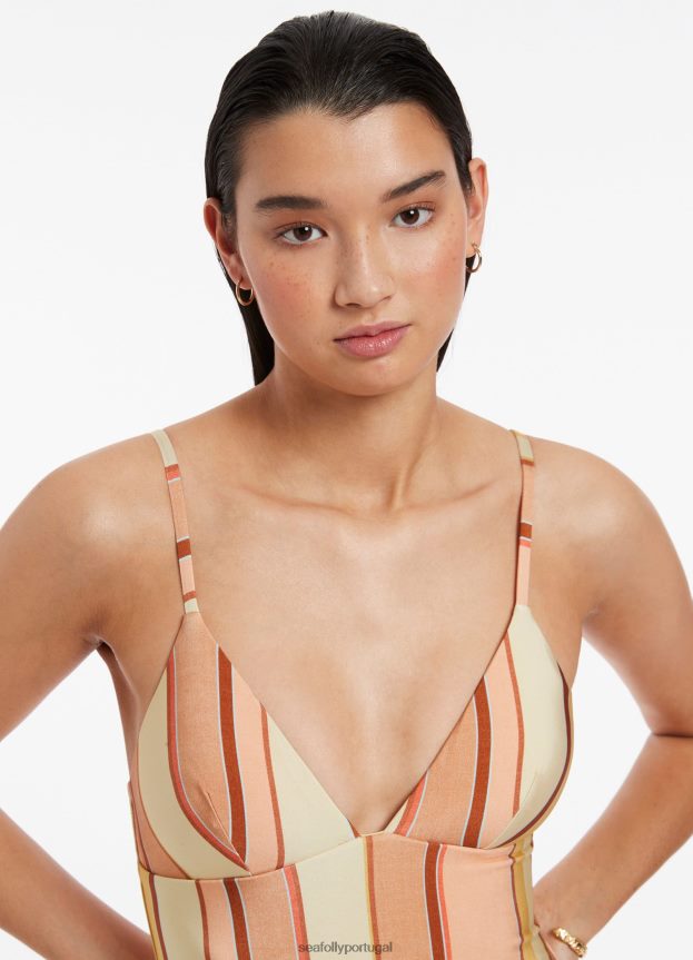 fira listra decote em v peça única mulheres calêndula Seafolly trajes de banho 4H088V136