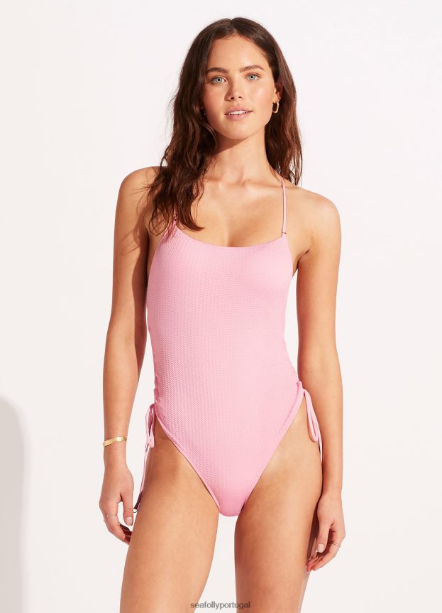mergulho no mar com decote redondo e cordão lateral de uma peça mulheres parfait rosa Seafolly trajes de banho 4H088V163
