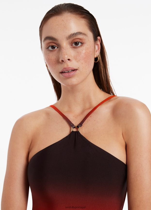 oia pôr do sol com gola alta e acabamento em peça única mulheres laranja queimado Seafolly trajes de banho 4H088V99