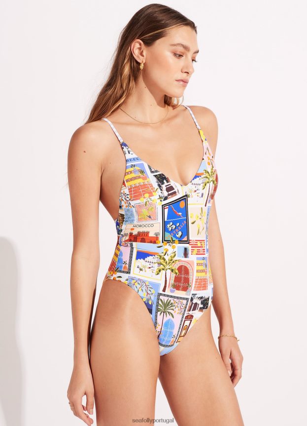de férias com decote em V de uma peça mulheres azul Seafolly trajes de banho 4H088V105