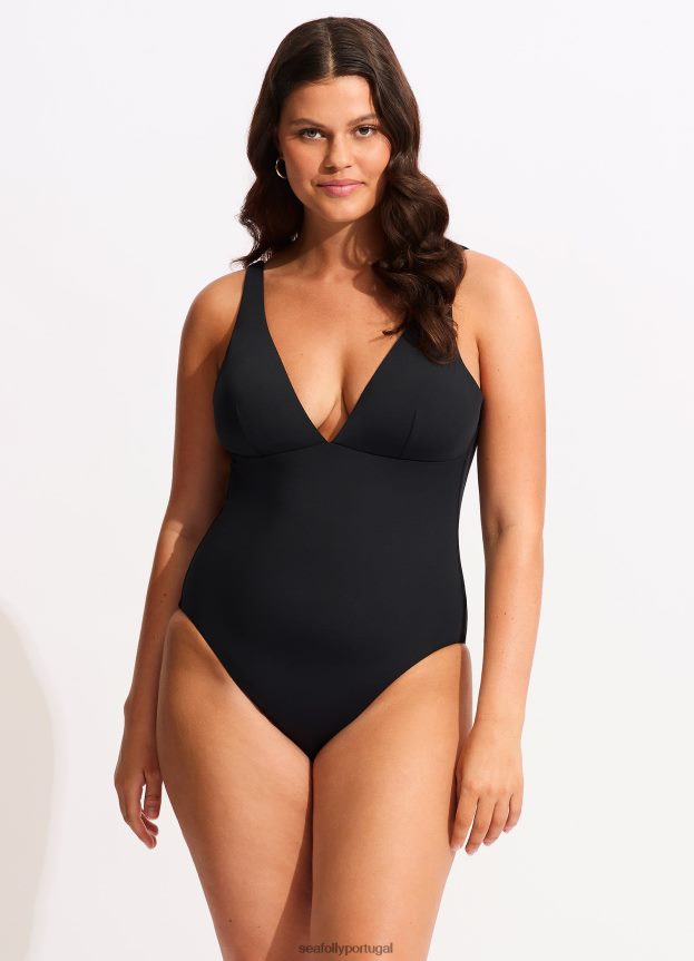 decote em V coletivo peça única mulheres preto Seafolly trajes de banho 4H088V133
