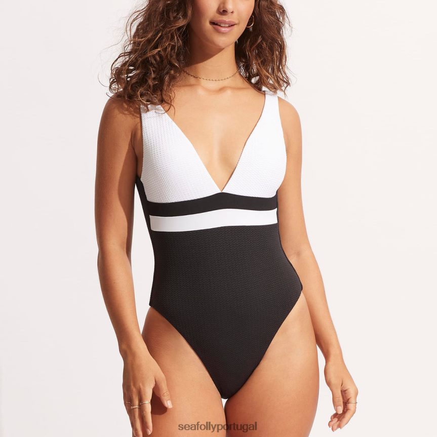 fatia de emenda profunda com decote em V de uma peça mulheres branco Seafolly trajes de banho 4H088V145