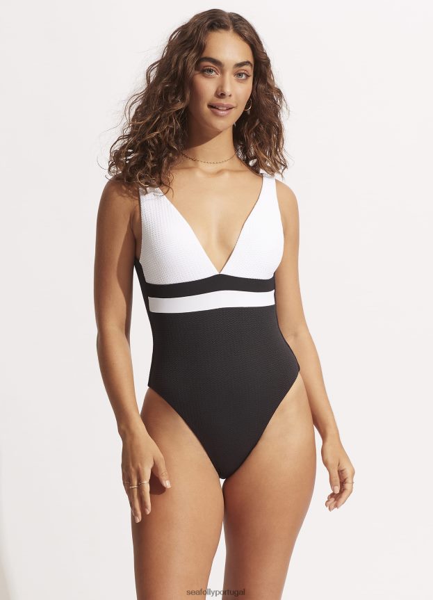 fatia de emenda profunda com decote em V de uma peça mulheres branco Seafolly trajes de banho 4H088V145