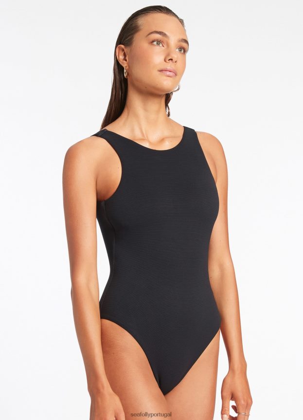 isla costela gola alta peça única mulheres preto Seafolly trajes de banho 4H088V52