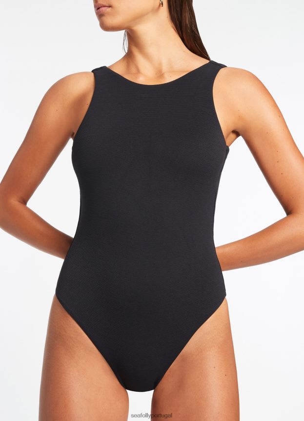 isla costela gola alta peça única mulheres preto Seafolly trajes de banho 4H088V52