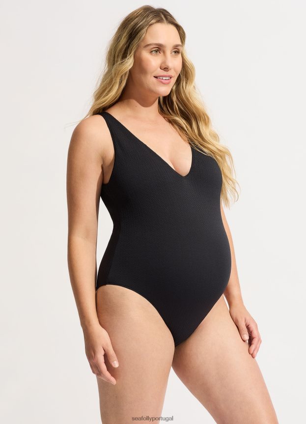 mergulho no mar com decote em V profundo de uma peça mulheres preto Seafolly trajes de banho 4H088V90