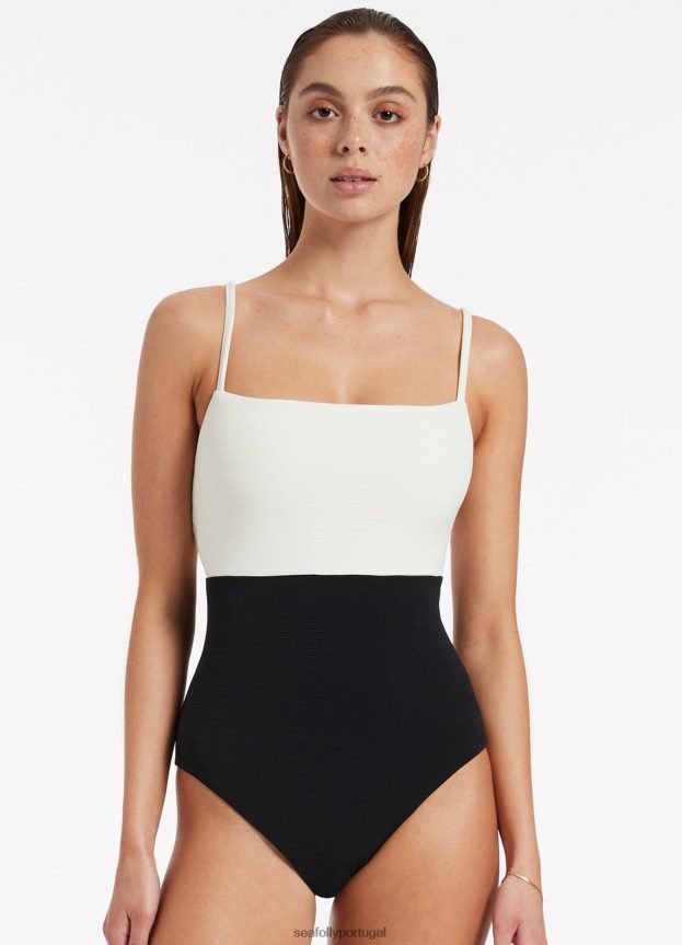 versa costela tanque mínimo de uma peça mulheres preto/creme Seafolly trajes de banho 4H088V77