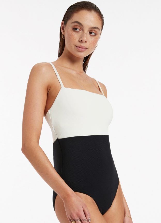 versa costela tanque mínimo de uma peça mulheres preto/creme Seafolly trajes de banho 4H088V77