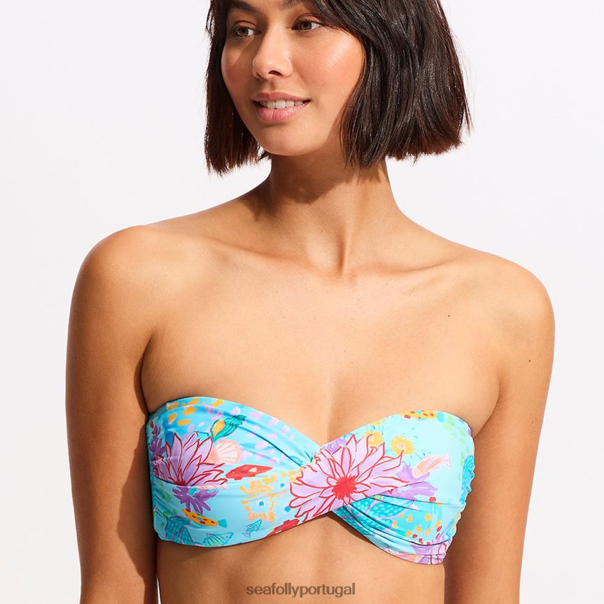 Top de biquíni bandeau torcido sob o mar mulheres névoa azul Seafolly trajes de banho 4H088V525