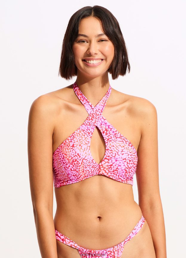 top de biquíni com sutiã cruzado em pele de mar mulheres rosa fúcsia Seafolly trajes de banho 4H088V326
